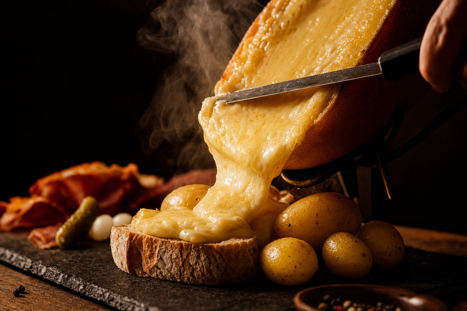 Schweizer Raclette: geschmolzener Bergkäse wird auf Bauernbrot und Kartoffeln abgezogen